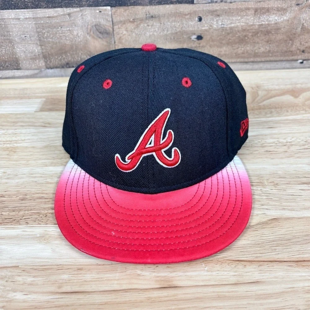 New Era 59FIFTY Atlanta Braves Fitted Cap Hat Black Red‎ Size 7 3/8